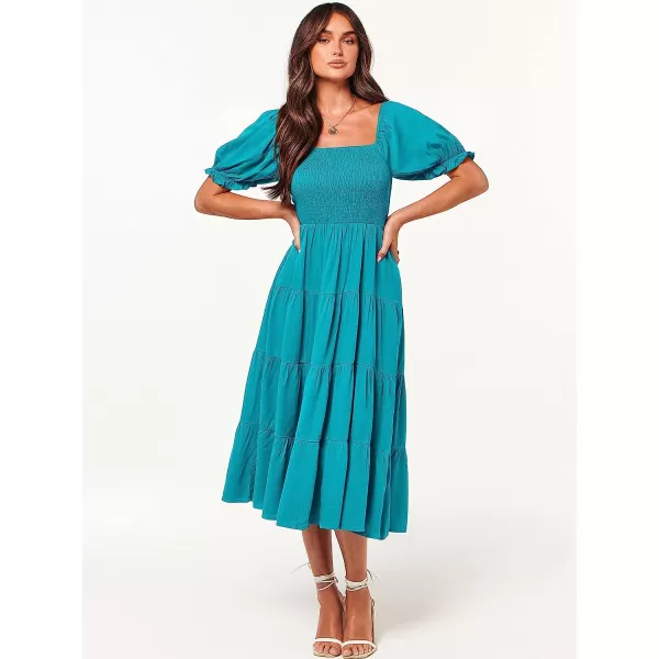 imageANRABESS Womens Casual Summer Midi Dress Puffy Short Sleeve Square Neck Smocked Tiered Boho DressesCyan
