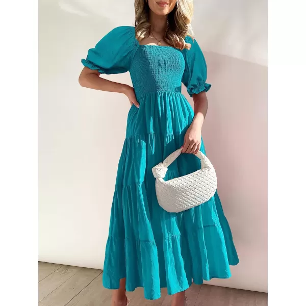 imageANRABESS Womens Casual Summer Midi Dress Puffy Short Sleeve Square Neck Smocked Tiered Boho DressesCyan