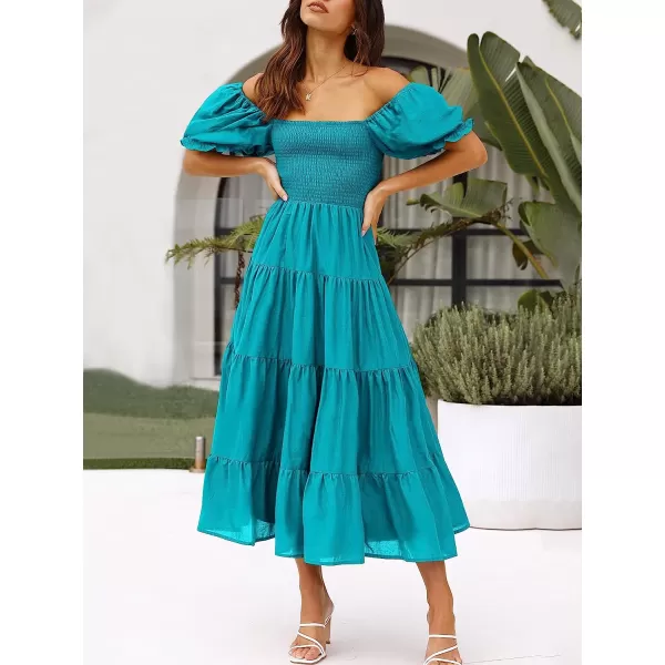 imageANRABESS Womens Casual Summer Midi Dress Puffy Short Sleeve Square Neck Smocked Tiered Boho DressesCyan
