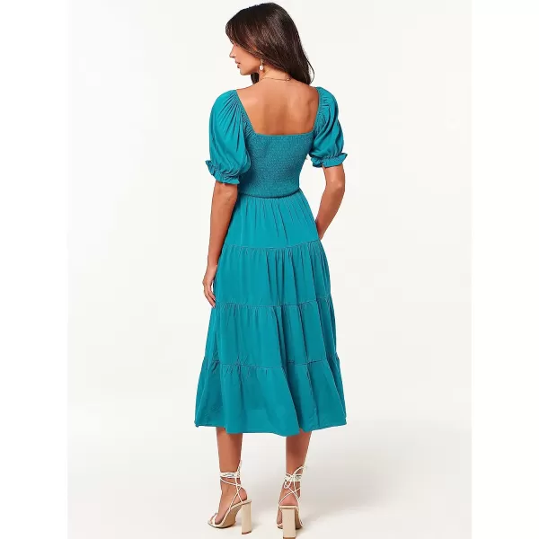 imageANRABESS Womens Casual Summer Midi Dress Puffy Short Sleeve Square Neck Smocked Tiered Boho DressesCyan