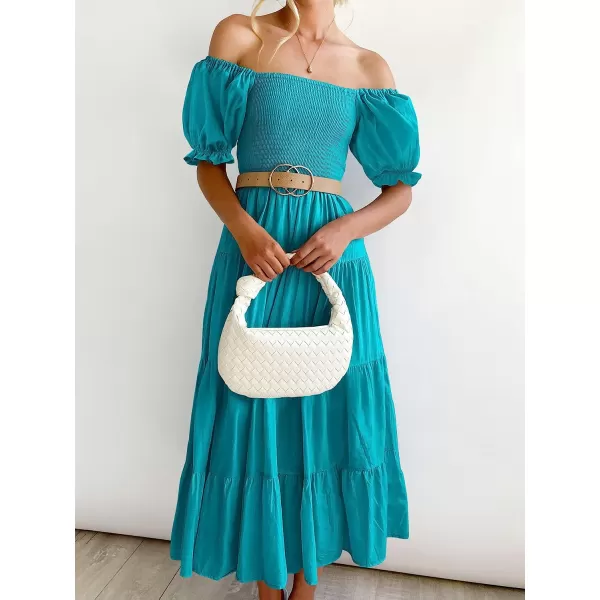 imageANRABESS Womens Casual Summer Midi Dress Puffy Short Sleeve Square Neck Smocked Tiered Boho DressesCyan