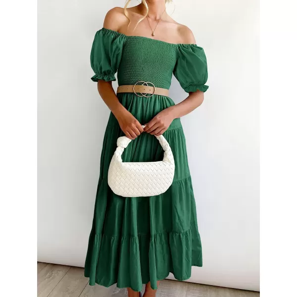 imageANRABESS Womens Casual Summer Midi Dress Puffy Short Sleeve Square Neck Smocked Tiered Boho DressesDeep Green