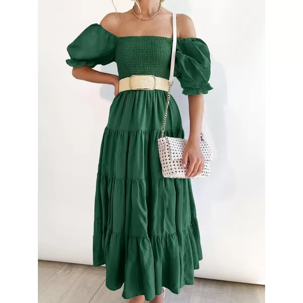 imageANRABESS Womens Casual Summer Midi Dress Puffy Short Sleeve Square Neck Smocked Tiered Boho DressesDeep Green