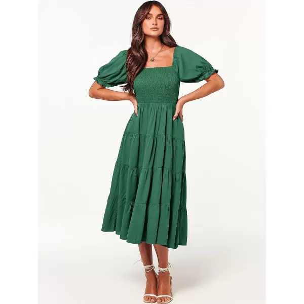 imageANRABESS Womens Casual Summer Midi Dress Puffy Short Sleeve Square Neck Smocked Tiered Boho DressesDeep Green