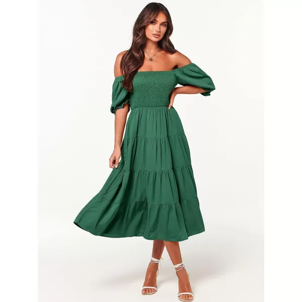 imageANRABESS Womens Casual Summer Midi Dress Puffy Short Sleeve Square Neck Smocked Tiered Boho DressesDeep Green