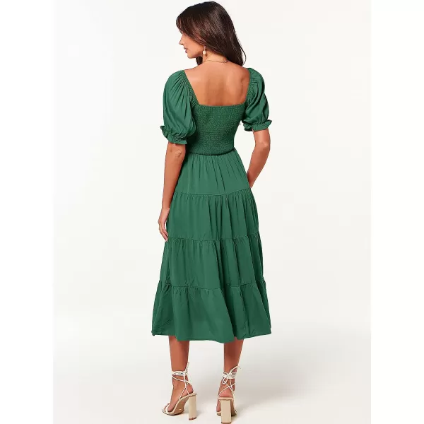 imageANRABESS Womens Casual Summer Midi Dress Puffy Short Sleeve Square Neck Smocked Tiered Boho DressesDeep Green