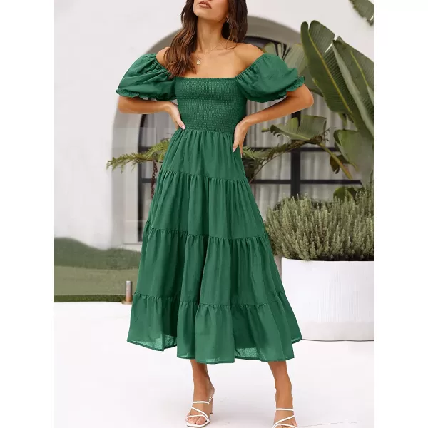 imageANRABESS Womens Casual Summer Midi Dress Puffy Short Sleeve Square Neck Smocked Tiered Boho DressesDeep Green