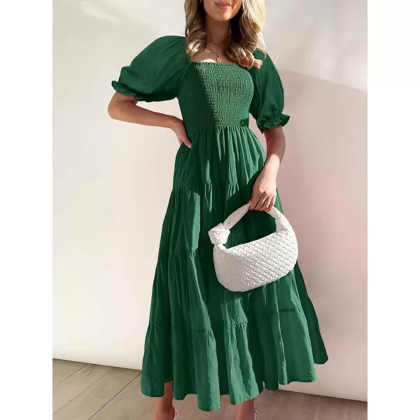 imageANRABESS Womens Casual Summer Midi Dress Puffy Short Sleeve Square Neck Smocked Tiered Boho DressesDeep Green