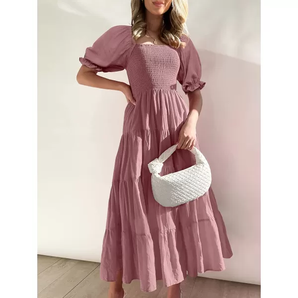 imageANRABESS Womens Casual Summer Midi Dress Puffy Short Sleeve Square Neck Smocked Tiered Boho DressesDeep Pink