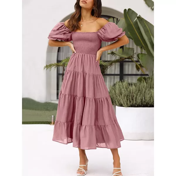 imageANRABESS Womens Casual Summer Midi Dress Puffy Short Sleeve Square Neck Smocked Tiered Boho DressesDeep Pink