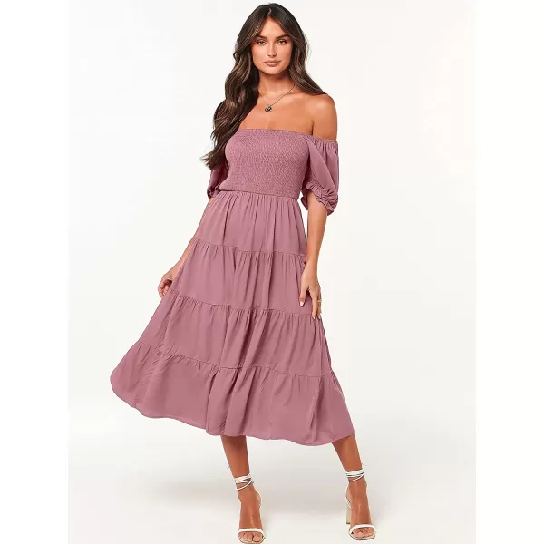 imageANRABESS Womens Casual Summer Midi Dress Puffy Short Sleeve Square Neck Smocked Tiered Boho DressesDeep Pink