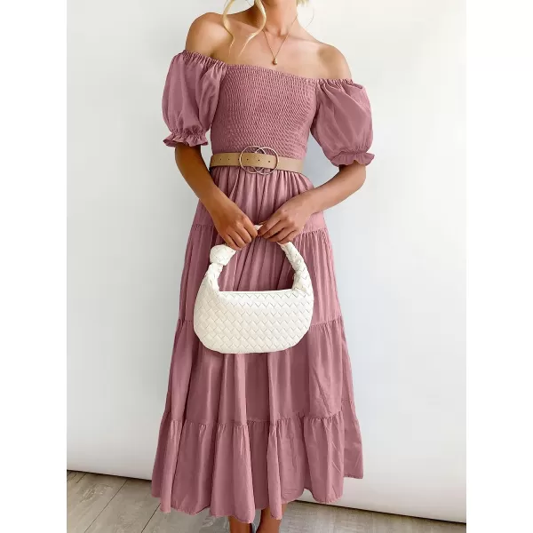 imageANRABESS Womens Casual Summer Midi Dress Puffy Short Sleeve Square Neck Smocked Tiered Boho DressesDeep Pink