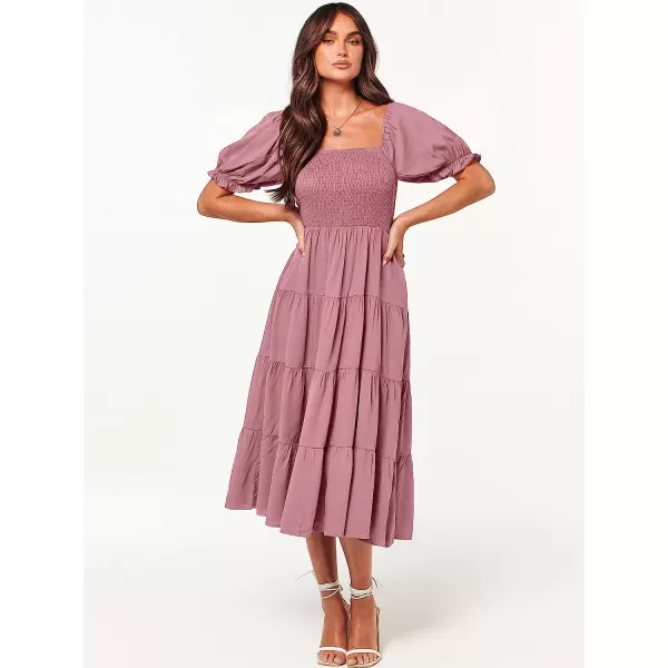 imageANRABESS Womens Casual Summer Midi Dress Puffy Short Sleeve Square Neck Smocked Tiered Boho DressesDeep Pink