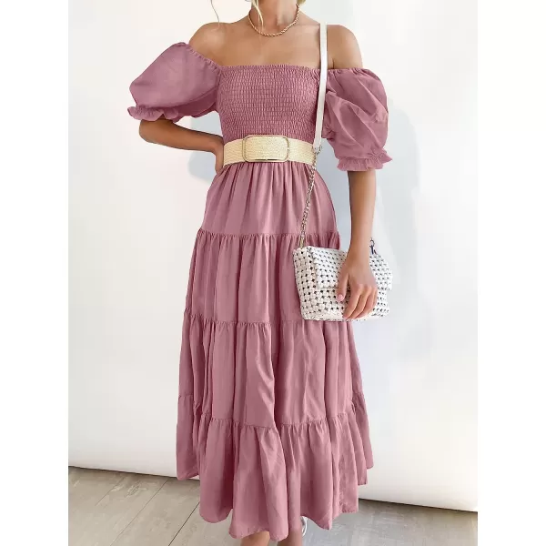 imageANRABESS Womens Casual Summer Midi Dress Puffy Short Sleeve Square Neck Smocked Tiered Boho DressesDeep Pink