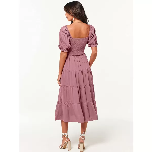 imageANRABESS Womens Casual Summer Midi Dress Puffy Short Sleeve Square Neck Smocked Tiered Boho DressesDeep Pink