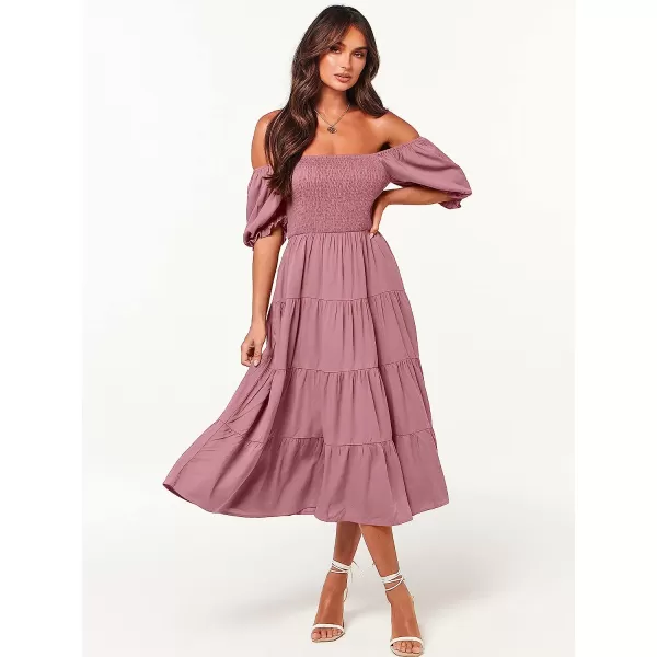 imageANRABESS Womens Casual Summer Midi Dress Puffy Short Sleeve Square Neck Smocked Tiered Boho DressesDeep Pink
