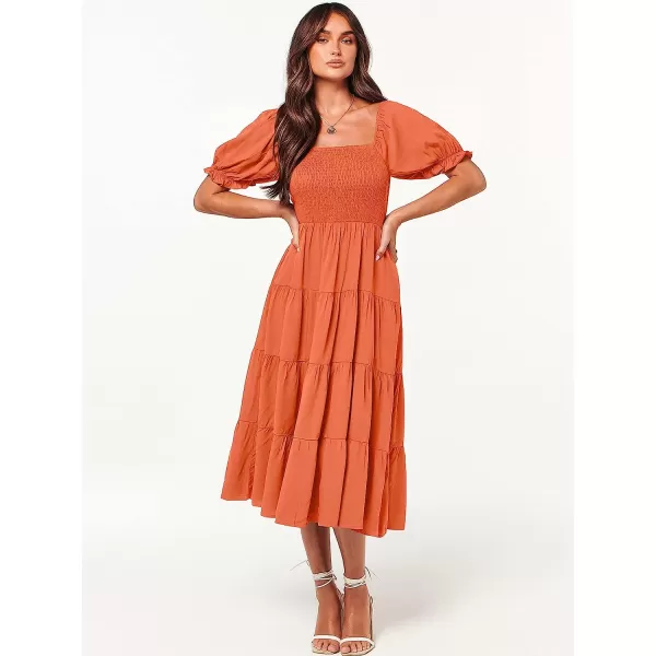 imageANRABESS Womens Casual Summer Midi Dress Puffy Short Sleeve Square Neck Smocked Tiered Boho DressesDeep Yellow