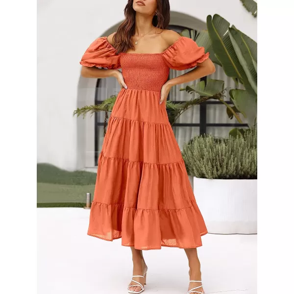 imageANRABESS Womens Casual Summer Midi Dress Puffy Short Sleeve Square Neck Smocked Tiered Boho DressesDeep Yellow