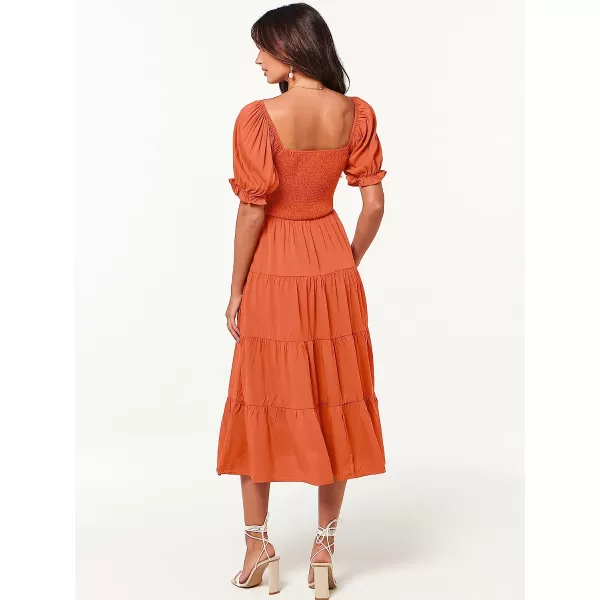 imageANRABESS Womens Casual Summer Midi Dress Puffy Short Sleeve Square Neck Smocked Tiered Boho DressesDeep Yellow