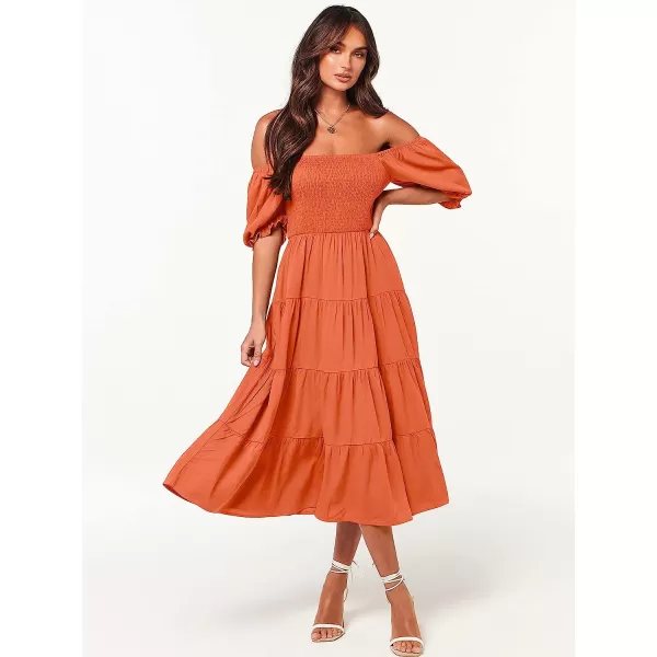 imageANRABESS Womens Casual Summer Midi Dress Puffy Short Sleeve Square Neck Smocked Tiered Boho DressesDeep Yellow