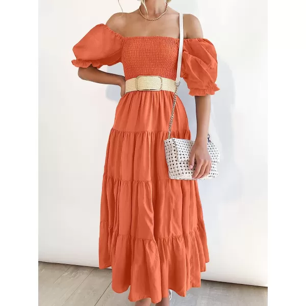 imageANRABESS Womens Casual Summer Midi Dress Puffy Short Sleeve Square Neck Smocked Tiered Boho DressesDeep Yellow