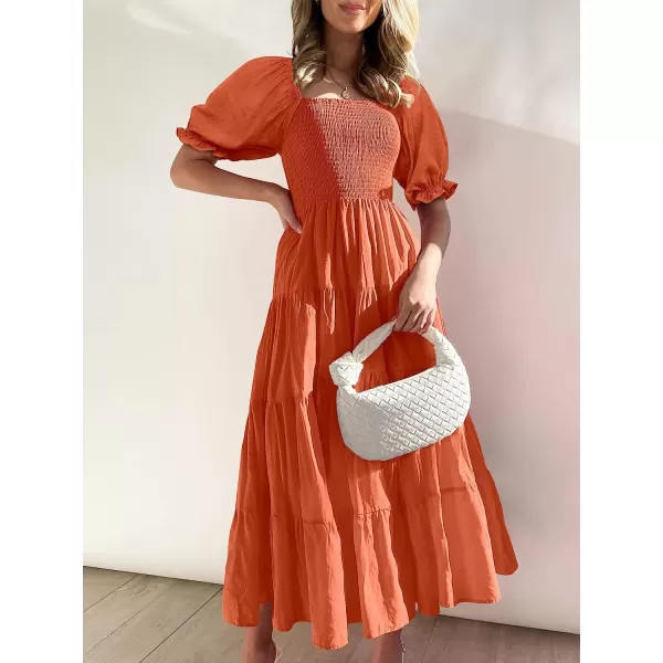 imageANRABESS Womens Casual Summer Midi Dress Puffy Short Sleeve Square Neck Smocked Tiered Boho DressesDeep Yellow
