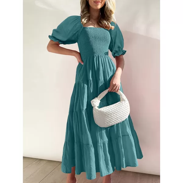 imageANRABESS Womens Casual Summer Midi Dress Puffy Short Sleeve Square Neck Smocked Tiered Boho DressesLake