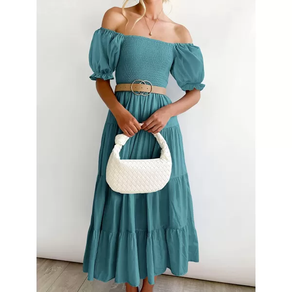imageANRABESS Womens Casual Summer Midi Dress Puffy Short Sleeve Square Neck Smocked Tiered Boho DressesLake