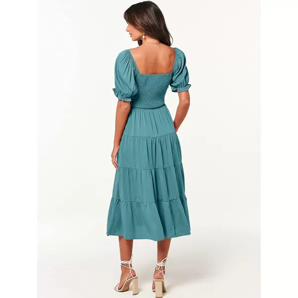 imageANRABESS Womens Casual Summer Midi Dress Puffy Short Sleeve Square Neck Smocked Tiered Boho DressesLake
