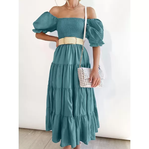imageANRABESS Womens Casual Summer Midi Dress Puffy Short Sleeve Square Neck Smocked Tiered Boho DressesLake