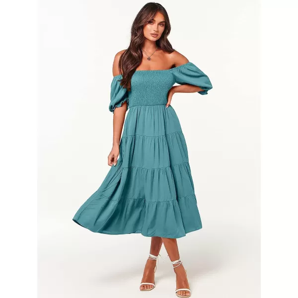 imageANRABESS Womens Casual Summer Midi Dress Puffy Short Sleeve Square Neck Smocked Tiered Boho DressesLake