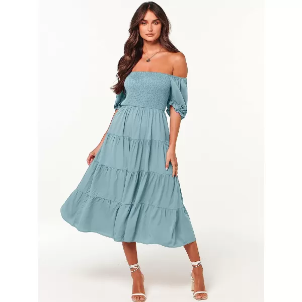 imageANRABESS Womens Casual Summer Midi Dress Puffy Short Sleeve Square Neck Smocked Tiered Boho DressesLight Blue