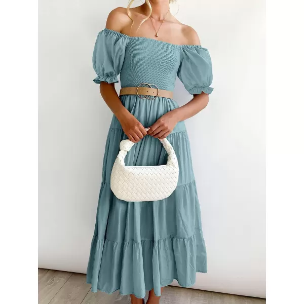 imageANRABESS Womens Casual Summer Midi Dress Puffy Short Sleeve Square Neck Smocked Tiered Boho DressesLight Blue