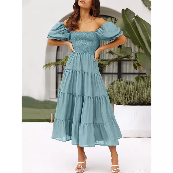 imageANRABESS Womens Casual Summer Midi Dress Puffy Short Sleeve Square Neck Smocked Tiered Boho DressesLight Blue