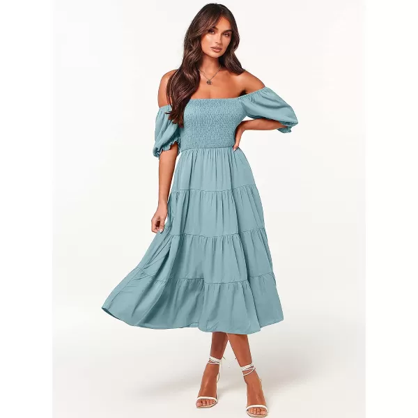 imageANRABESS Womens Casual Summer Midi Dress Puffy Short Sleeve Square Neck Smocked Tiered Boho DressesLight Blue