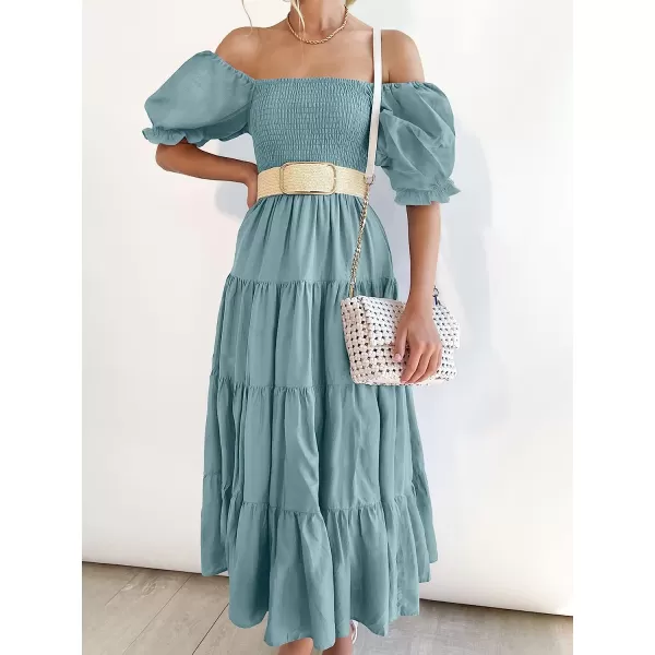 imageANRABESS Womens Casual Summer Midi Dress Puffy Short Sleeve Square Neck Smocked Tiered Boho DressesLight Blue