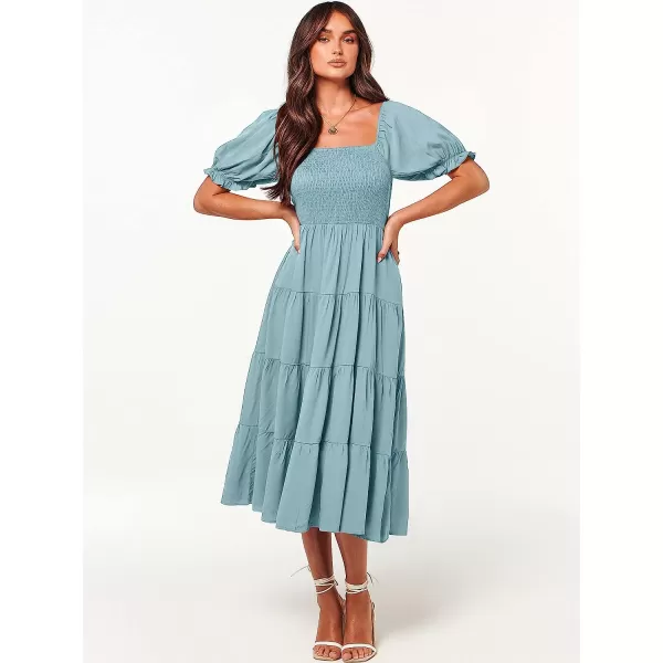 imageANRABESS Womens Casual Summer Midi Dress Puffy Short Sleeve Square Neck Smocked Tiered Boho DressesLight Blue