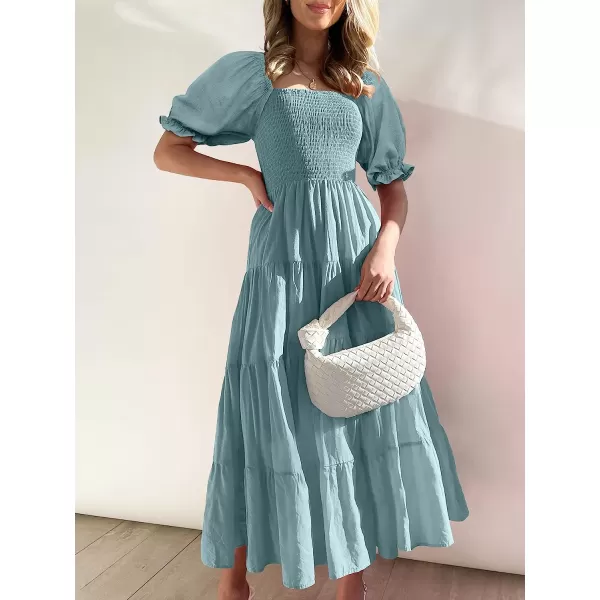 imageANRABESS Womens Casual Summer Midi Dress Puffy Short Sleeve Square Neck Smocked Tiered Boho DressesLight Blue