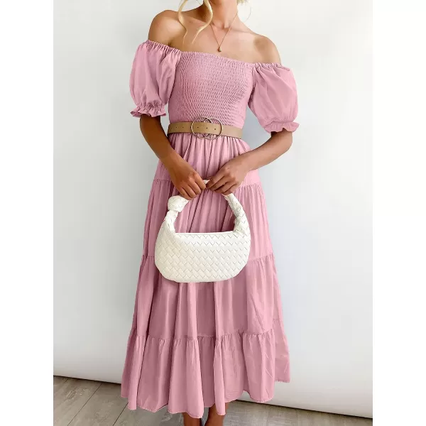 imageANRABESS Womens Casual Summer Midi Dress Puffy Short Sleeve Square Neck Smocked Tiered Boho DressesPink