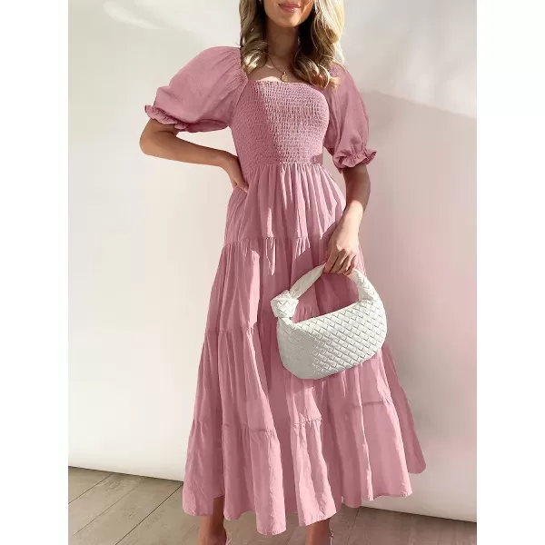 imageANRABESS Womens Casual Summer Midi Dress Puffy Short Sleeve Square Neck Smocked Tiered Boho DressesPink