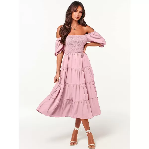 imageANRABESS Womens Casual Summer Midi Dress Puffy Short Sleeve Square Neck Smocked Tiered Boho DressesPink