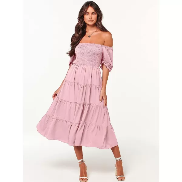 imageANRABESS Womens Casual Summer Midi Dress Puffy Short Sleeve Square Neck Smocked Tiered Boho DressesPink