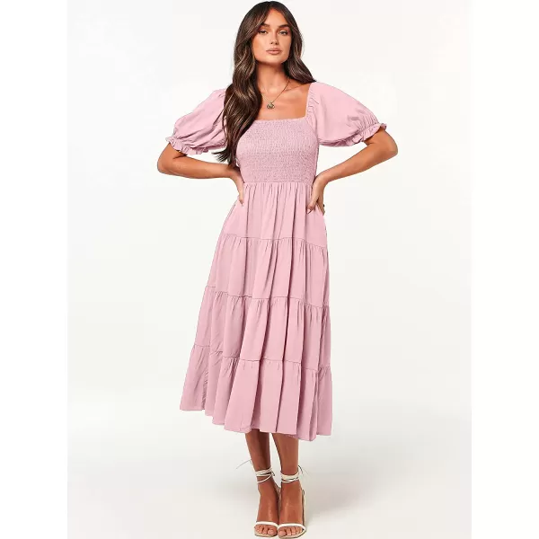 imageANRABESS Womens Casual Summer Midi Dress Puffy Short Sleeve Square Neck Smocked Tiered Boho DressesPink