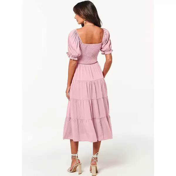 imageANRABESS Womens Casual Summer Midi Dress Puffy Short Sleeve Square Neck Smocked Tiered Boho DressesPink