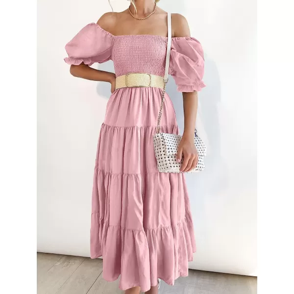 imageANRABESS Womens Casual Summer Midi Dress Puffy Short Sleeve Square Neck Smocked Tiered Boho DressesPink