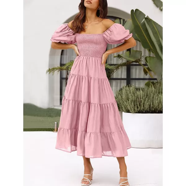 imageANRABESS Womens Casual Summer Midi Dress Puffy Short Sleeve Square Neck Smocked Tiered Boho DressesPink