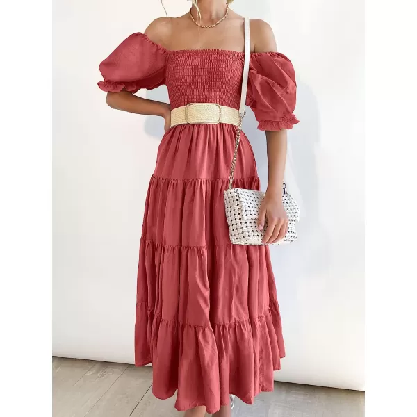imageANRABESS Womens Casual Summer Midi Dress Puffy Short Sleeve Square Neck Smocked Tiered Boho DressesRed