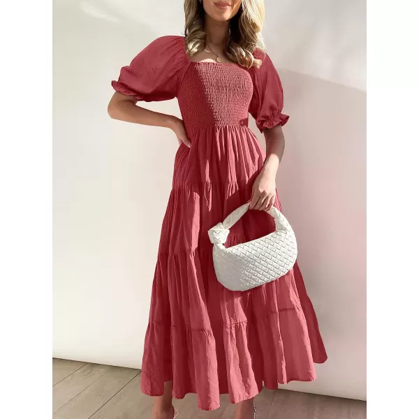 imageANRABESS Womens Casual Summer Midi Dress Puffy Short Sleeve Square Neck Smocked Tiered Boho DressesRed
