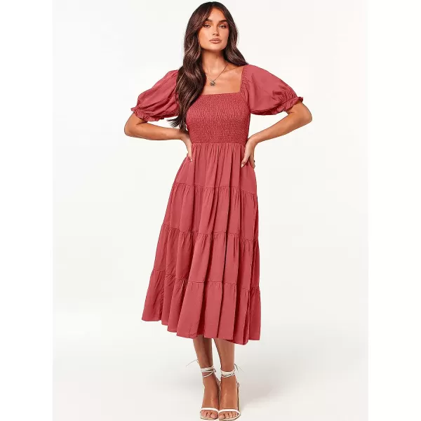 imageANRABESS Womens Casual Summer Midi Dress Puffy Short Sleeve Square Neck Smocked Tiered Boho DressesRed