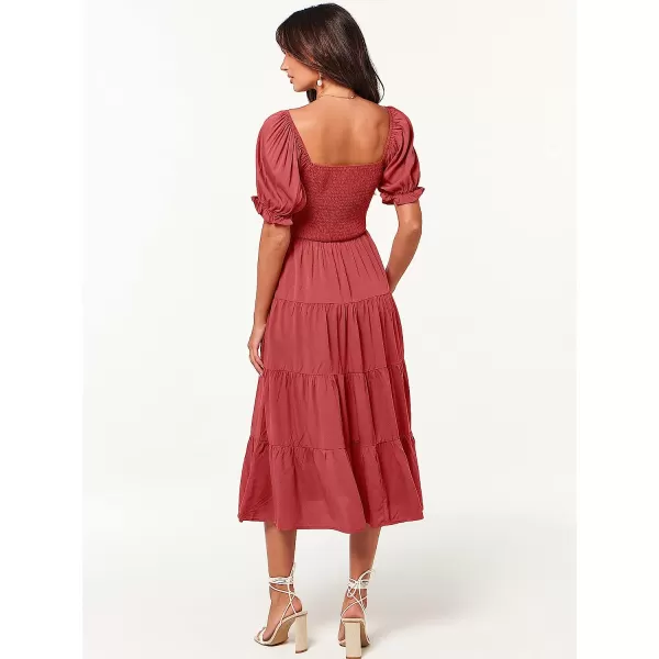 imageANRABESS Womens Casual Summer Midi Dress Puffy Short Sleeve Square Neck Smocked Tiered Boho DressesRed